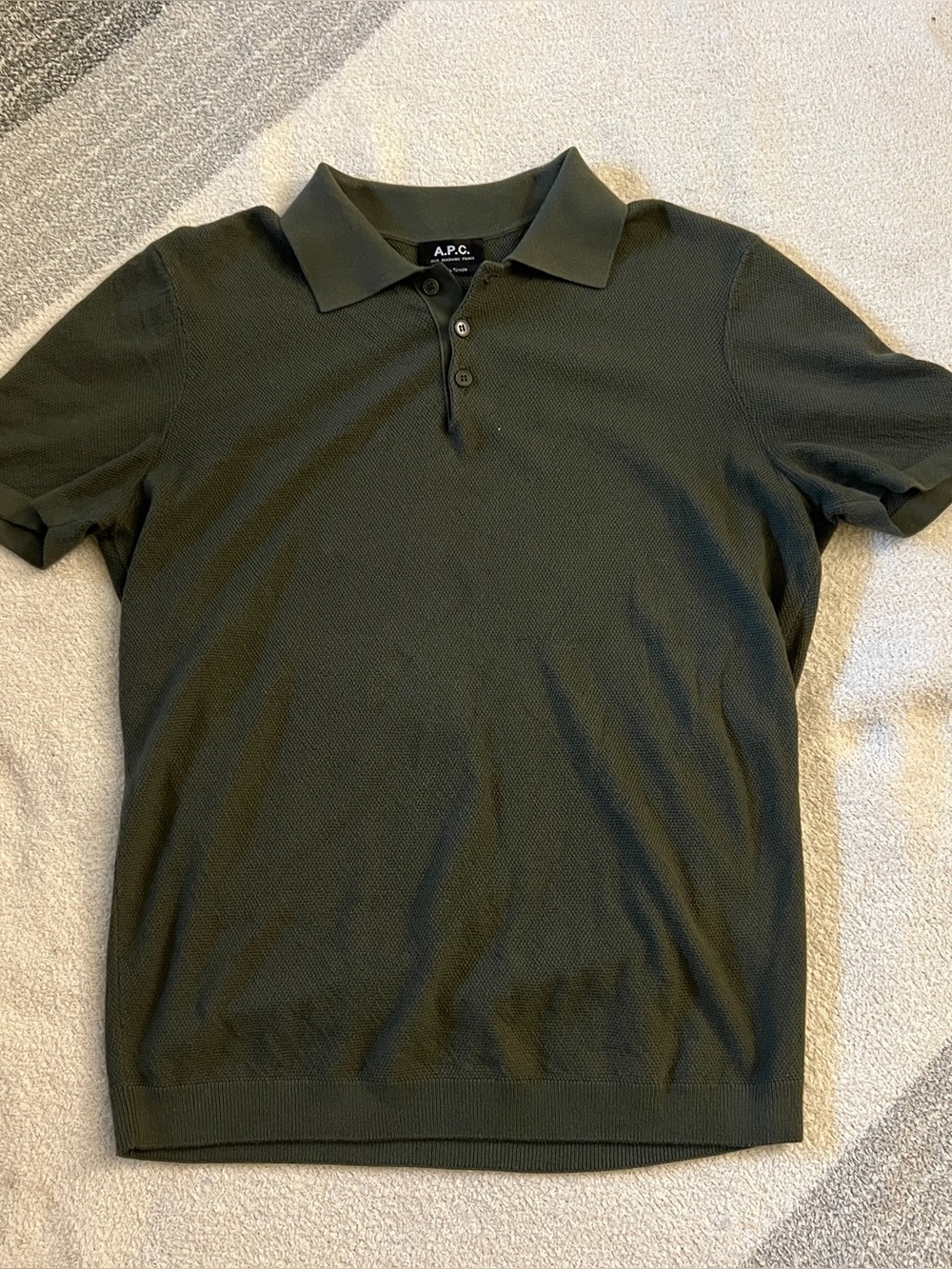 A.P.C. Rue Madame Paris Olive Cotton Knit Polo Shirt Ribbed Hem Size M